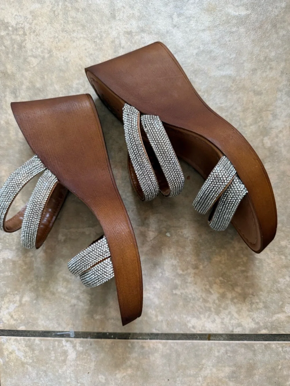 Marille. Silver Crystal Strappy Brown Wood Wedge Sandals soft rubber - Picture 3 of 7